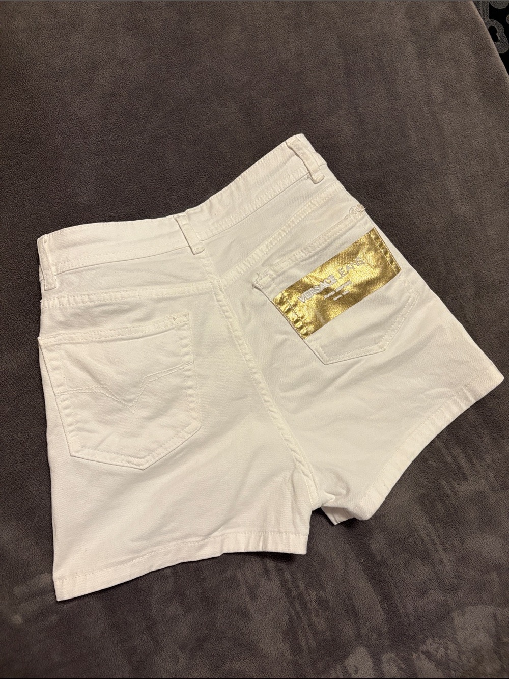 Versace Jeans Collection White Denim Shorts with Gold Patch